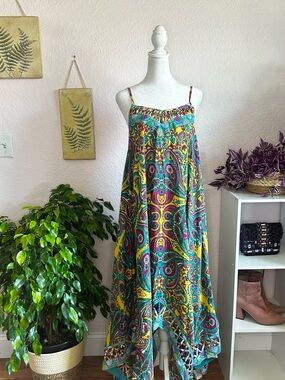 KAS New York 100% Silk Boho Paisley Resort Maxi Dress Handkerchief Hem XS